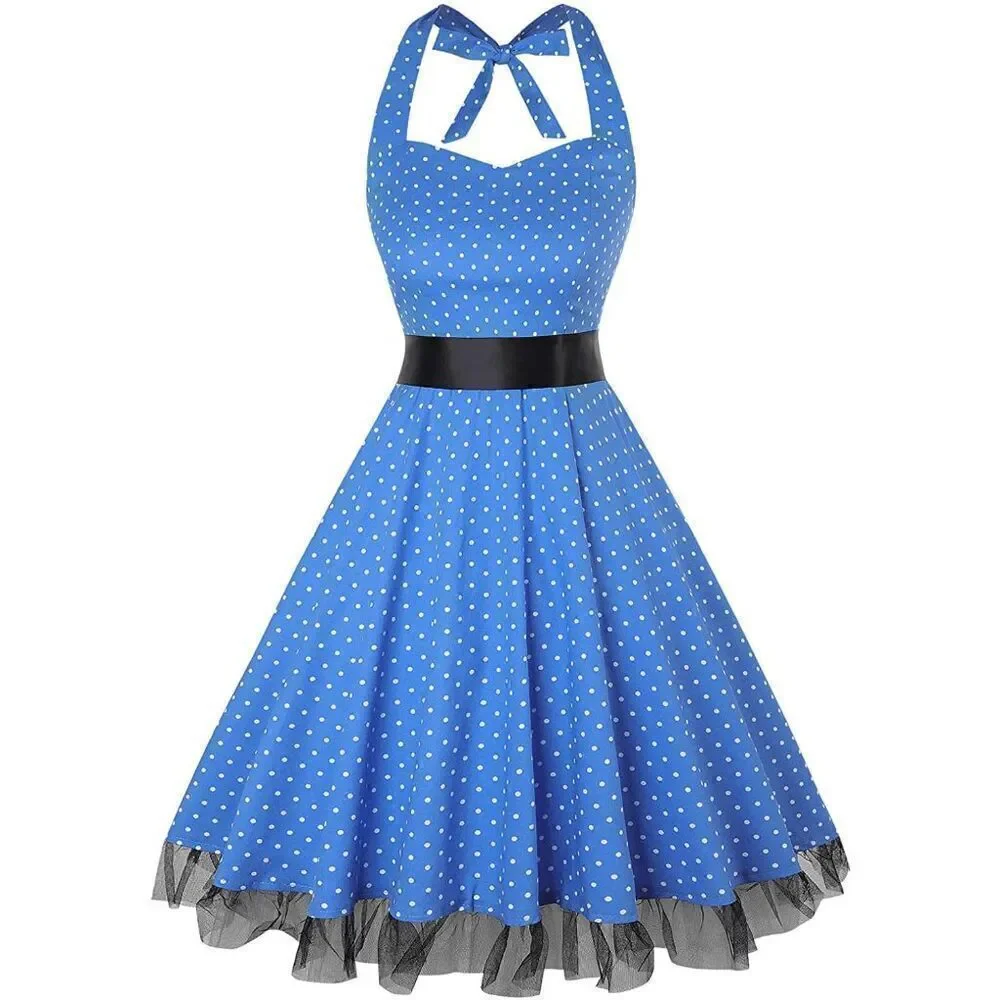 💙 NWT Pinup Retro 1950s Blue Polka Dot Tulle Hem Halter Tea Dress with Belt M - Picture 5 of 14